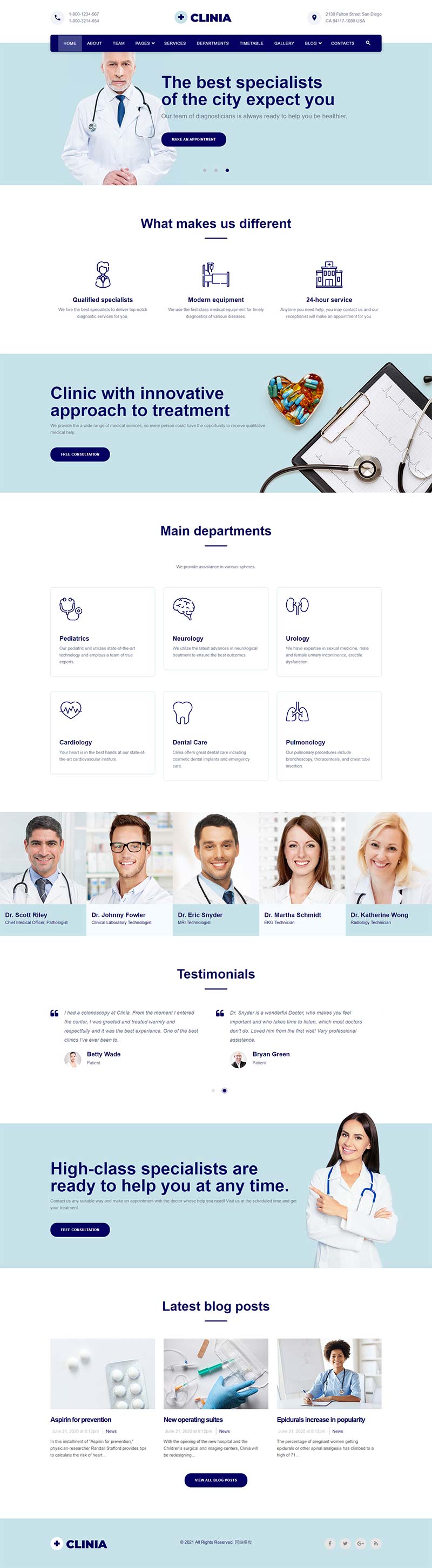 蓝色医疗诊所服务网站HTML5模板